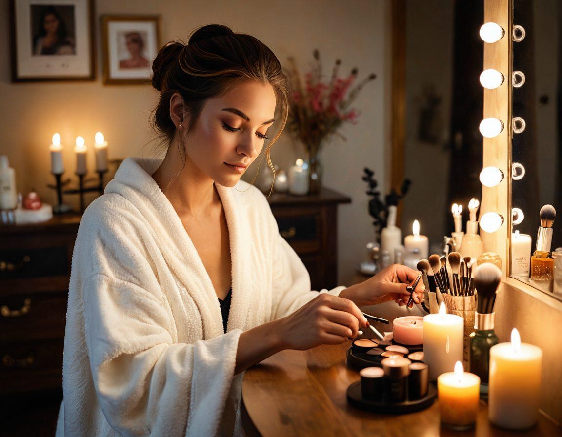 A radiant female figure applying makeup with a background of serene self-care elements like candles, essential oils, and a cozy setting. Highlight the blend of beauty tools with calm, mindful practices. super-realistic. vibrant colors. soft lighting.