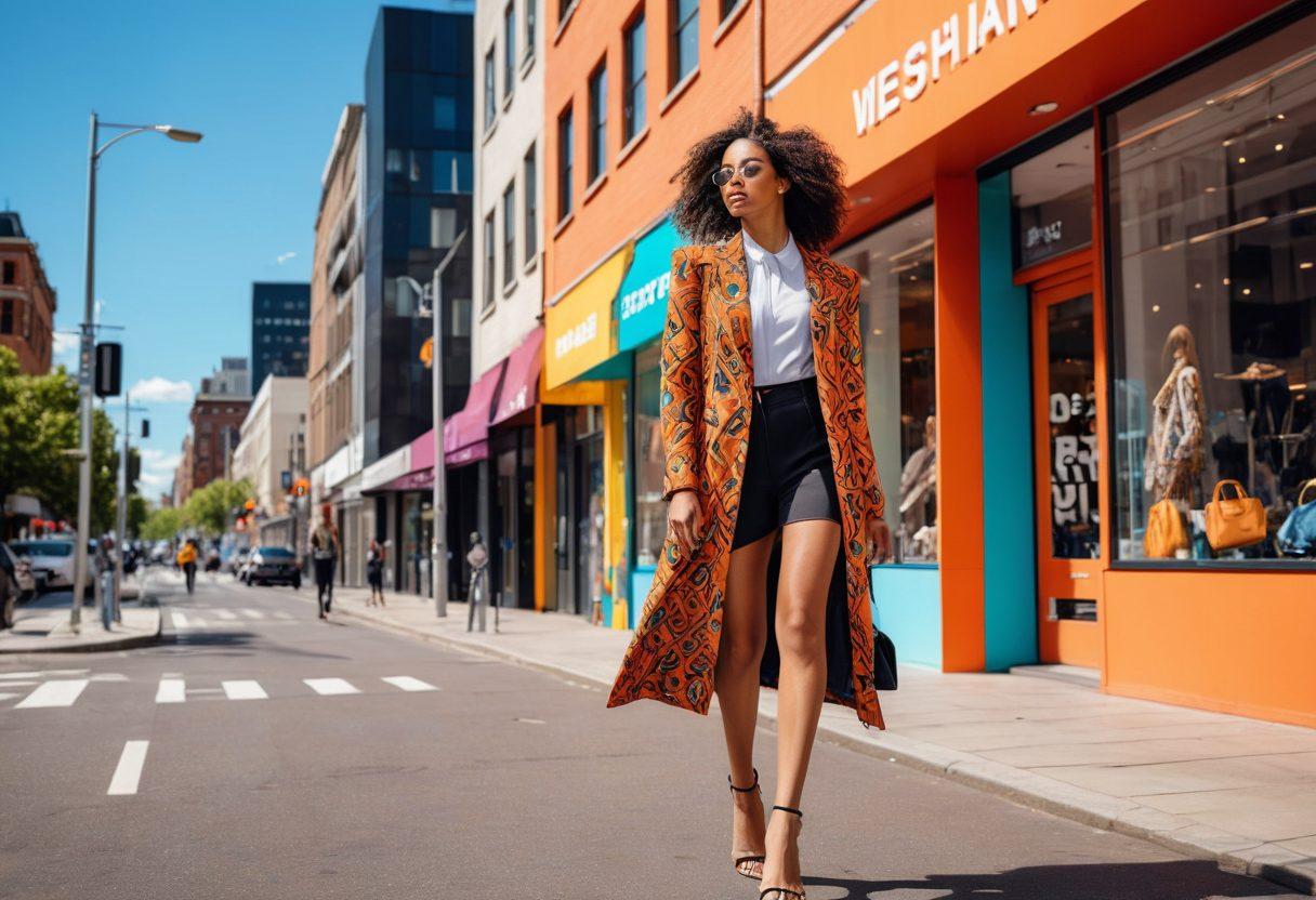 A stylish young woman confidently striding down a bustling urban street, dressed in the latest fashion trends of 2023, including bold patterns, sleek silhouettes, and statement accessories. Surrounding her are vibrant store displays showcasing trendy outfits and accessories. The background includes modern buildings and a bright, clear sky, emphasizing a lively, fashionable atmosphere. super-realistic. vibrant colors.